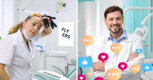 A stressed dentist overwhelmed by traditional marketing and a calm dentist with digital content attracting patients